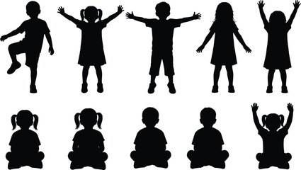 WebHappy diverse children silhouette set featuring young boys and girls standing jumping and sitting for elementary school education childhood play and preschool kid lifestyle vector. © Itz Mehedi's World