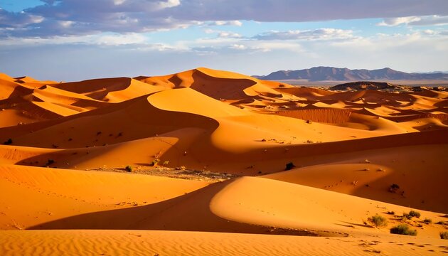 A vast desert landscape, featuring rolling sand dunes bathed in warm sunlight. The sky above presents a mix of blue and cloud coverage