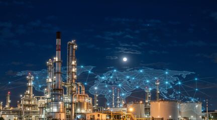 Industrial oil refinery at night with global network overlay. Smart factory and digital connectivity concept. Petrochemical plant under moonlit sky