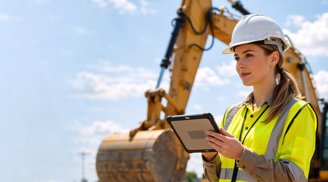 Female construction engineer with tablet at site. Professional woman in hard hat and safety vest by excavator. Site management and technology concept