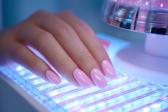 Gel polish curing process under LED lamp, ultraviolet light effect