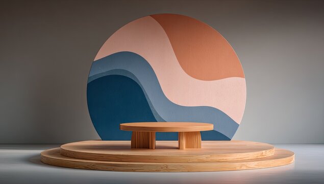 Minimalist wooden stage with abstract colorful background.
