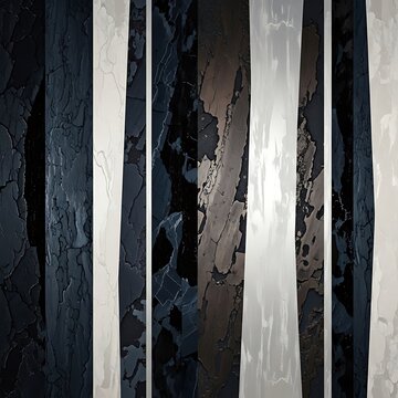 Vertical panels display varied textures in contrasting dark and light colors