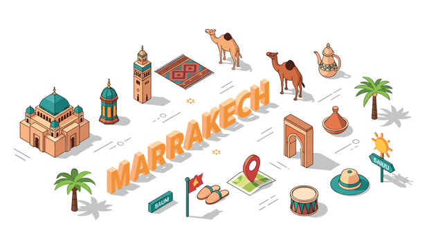 Colorful isometric illustration of marrakech featuring landmarks and cultural icons