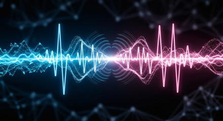 Naklejka premium Vibrant Sound Wave Graphic with Blue and Pink Neon Lights on Dark Background