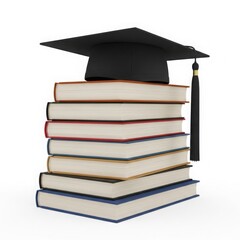 A stack of books with a graduation cap on top