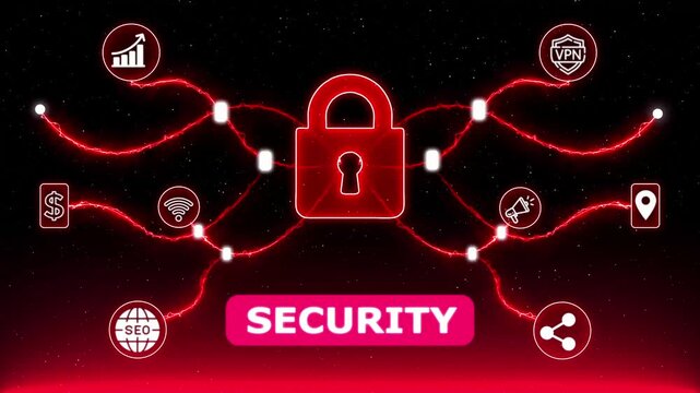 Cyber Security Network Protection Animation with Digital Lock and Data Icons.