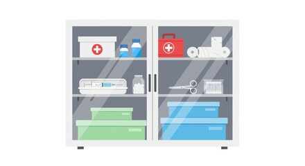 Medical cabinet with first aid supplies and equipment