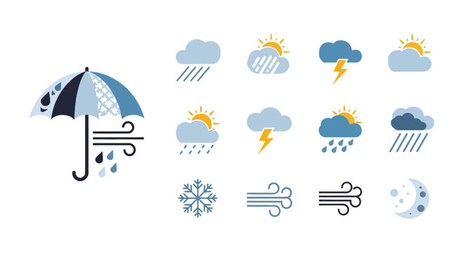 Weather Icons with Umbrella and Storm Symbols.