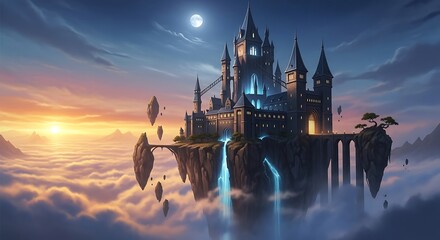 Naklejka premium Fantasy Castle Floating in Clouds at Sunset.