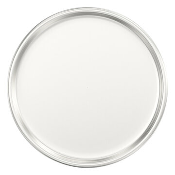 Blank White Circular Surface with Shiny Silver Metallic Rim, Ideal for Food Product Mockup or Presentation Template
