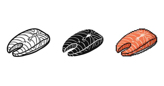 Stylized salmon steak trio: outline, silhouette, pixel art