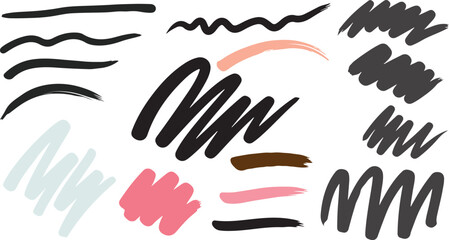 Fototapeta premium Hand-drawn abstract brush strokes and scribbles, diverse shapes and colors for design elements