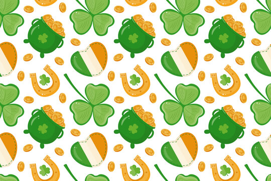 Saint Patricks Day seamless pattern with shamrock, pot of gold, horseshoe, and Irish flag heart. Festive background for a traditional Irish holiday. Vector pattern on a white background