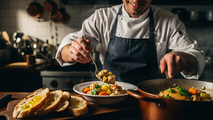 Chef serves delicious homemade stew from a pot into a bowl
