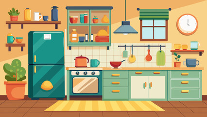 A colorful and organized kitchen filled with modern appliances and utensils. isolated on white background, Vector