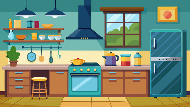 A colorful and vibrant kitchen filled with modern appliances and homey decor isolated on white background, Vector