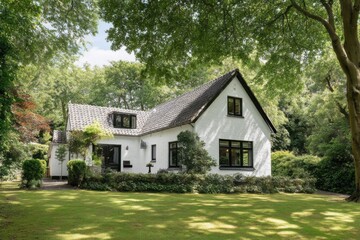 Obraz premium White house situated in a green yard surrounded by trees during a sunny day with blue sky and fluffy clouds in the background