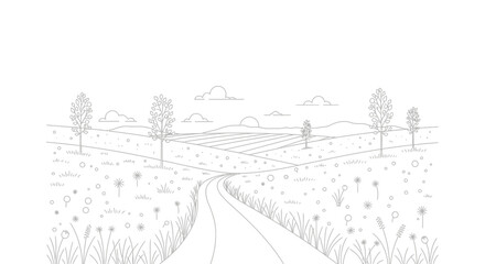 Fototapeta premium Simple Line Drawing of Rural Landscape Scene.