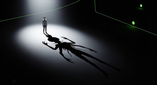 Shadowy Figure in Dark Room with Green Highlights