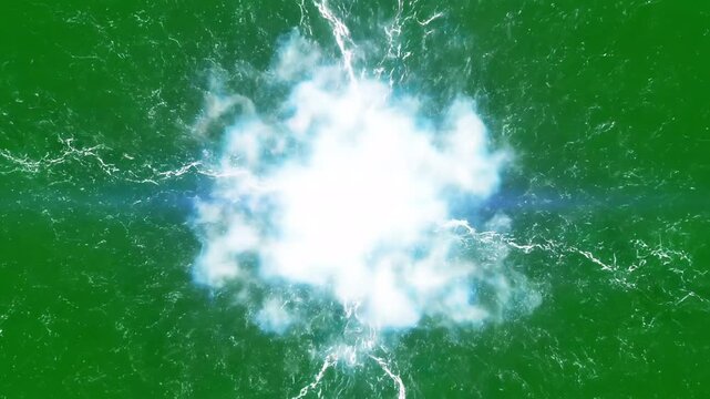Aerial view of explosion with lightning on green field