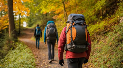 Group of hikers walking on forest trail during autumn
