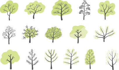 Collection of various green and black tree with different leaf shapes and branch structures trees © Hey world