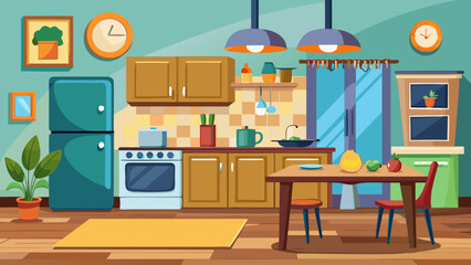 A vibrant and modern kitchen filled with colorful appliances and decor elements isolated on white background, Vector