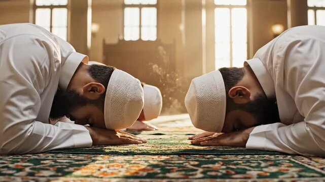 Muslim men performing Salah prostration on carpet inside mosque