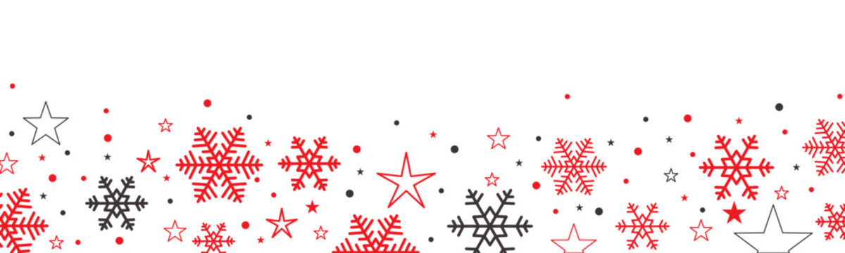 vector illustration: red christmas stars and christmas snowflakes overlay banner border for xmas gift cards and wish lists isolated on white or transparent png