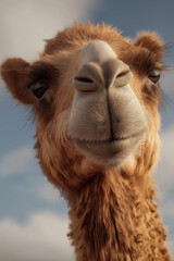 Close-up Portrait of a Curious Camel Against a Blue Sky