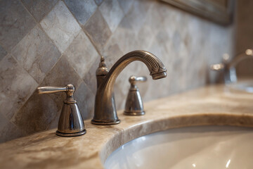 Elegant Bronze Faucet and Marble Sink in a Modern Bathroom
