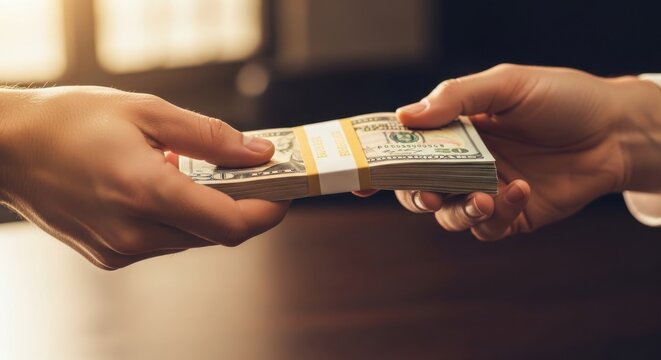 Hands exchanging stack of dollar bills transaction