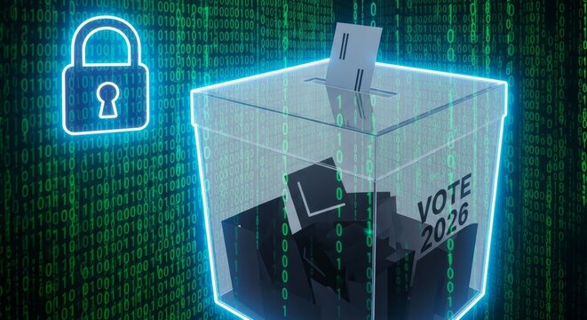 Election security 2026 concept. Transparent ballot box with glowing digital padlock and binary code background. Cyber protection for voting data against fraud and hacking.