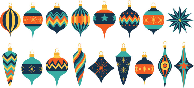 Set of colorful mid-century modern Christmas baubles and ornaments with geometric patterns and stars, festive holiday vector illustration for winter seasonal decor.