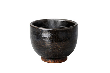 Dark ceramic teacup holding hot liquid with steam rising, isolated on a transparent background