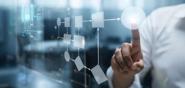 Close up of a persons finger touching a bright glowing circle on a digital flowchart displayed on a futuristic interface