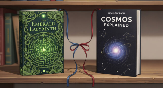 Two fantasy and non-fiction books on wooden shelf with ribbons