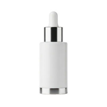 A white dropper bottle with a sleek silver base and cap. isolated on transparent background