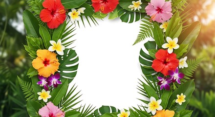 Fototapeta premium Vibrant assortment of tropical flora creates a lush border framing a central white space