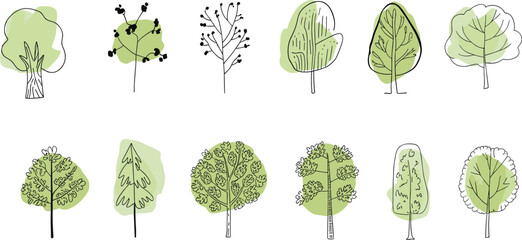 Ten stylized green trees with different leaf shapes and patterns on white background leaves © Hey world