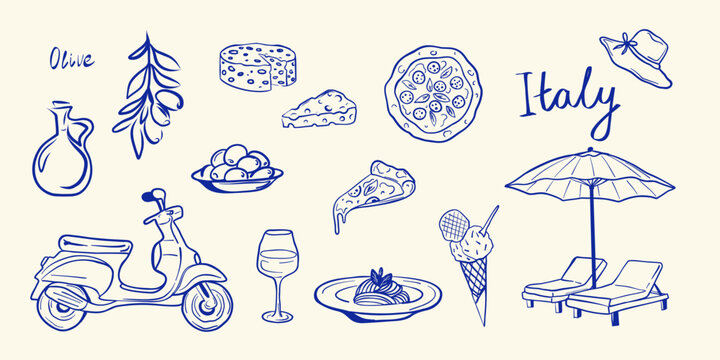 Hand drawn Italian food and culture clipart set in sketch style. Mediterranean traditional culture elements. Vector illustration.