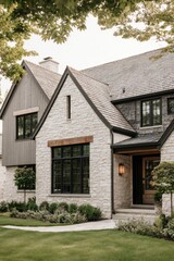 Modern house design with stone exterior and landscaped yard on a clear day, showcasing a blend of textures and materials in a suburban neighborhood setting