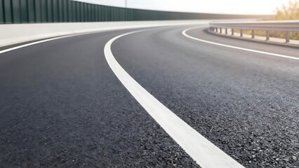 Obraz premium Empty curved asphalt road with white lane markings and guardrails
