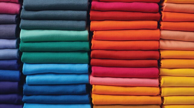 rows of stacks of folded blank t-shirts, the shirts are all different solid colors 