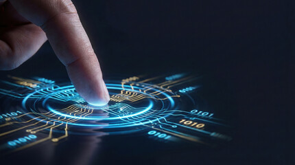 A macro shot of a futuristic microchip processor glowing with intense blue energy and digital circuits