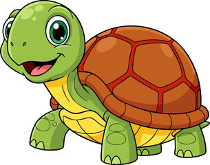 Obraz premium Adorable cartoon baby turtle mascot design featuring a cheerful green reptile with big eyes and a protective brown shell standing happily on a plain black background perfect for children's media or na