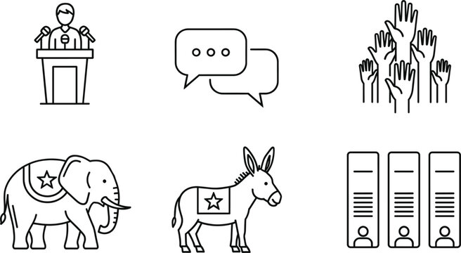 Political election line icons set speech podium debate symbols donkey elephant voting participation vector collection isolated modern design