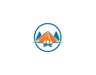Logo featuring an orange tent, campfire, and trees, all enclosed in a blue circle, on a white background