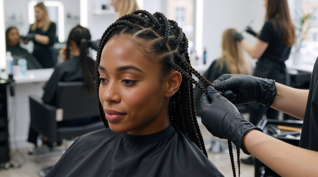 Professional hair braiding in a modern salon. Close up of a Black woman getting intricate box braids. Beauty and hair care service concept